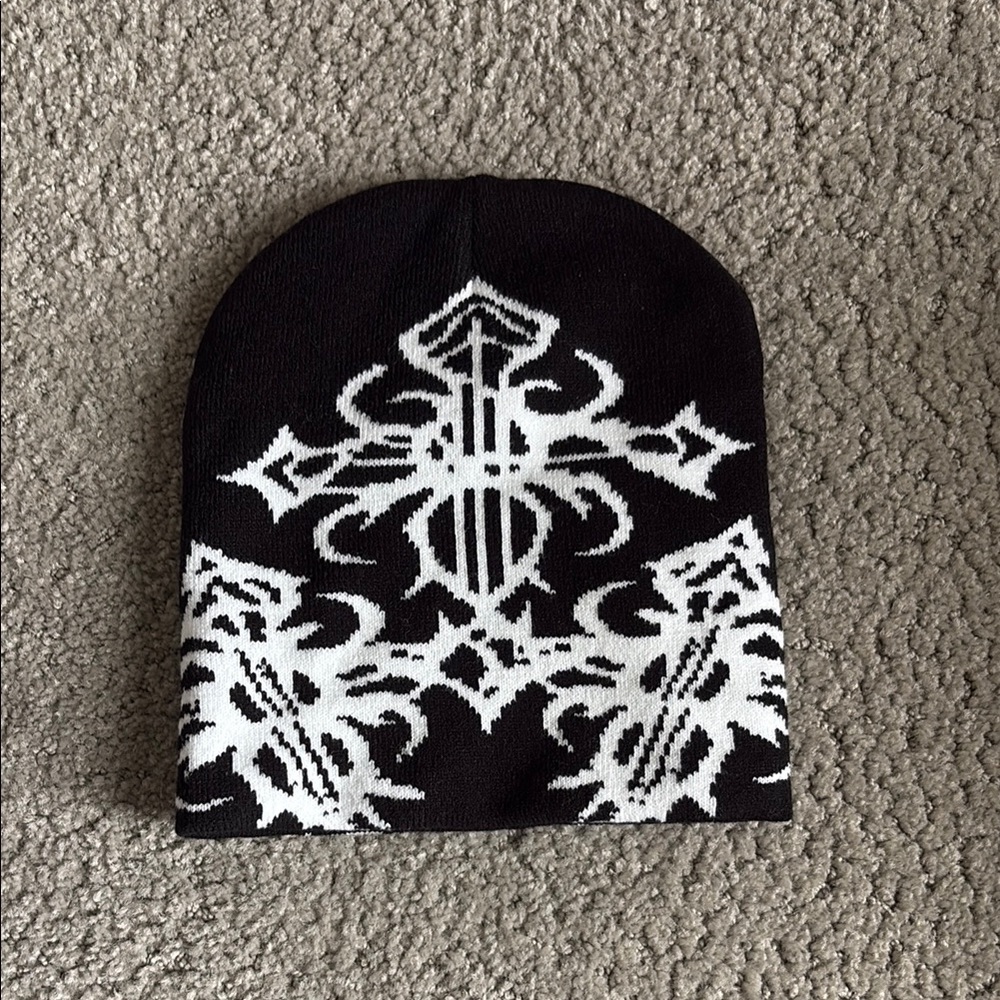 Black and White Beanie with Cross Design